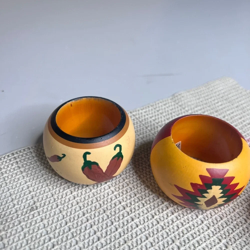 Vintage Hand Painted‎ Wood Napkin Rings Set 3 Southwest Moose Chili Pepper India